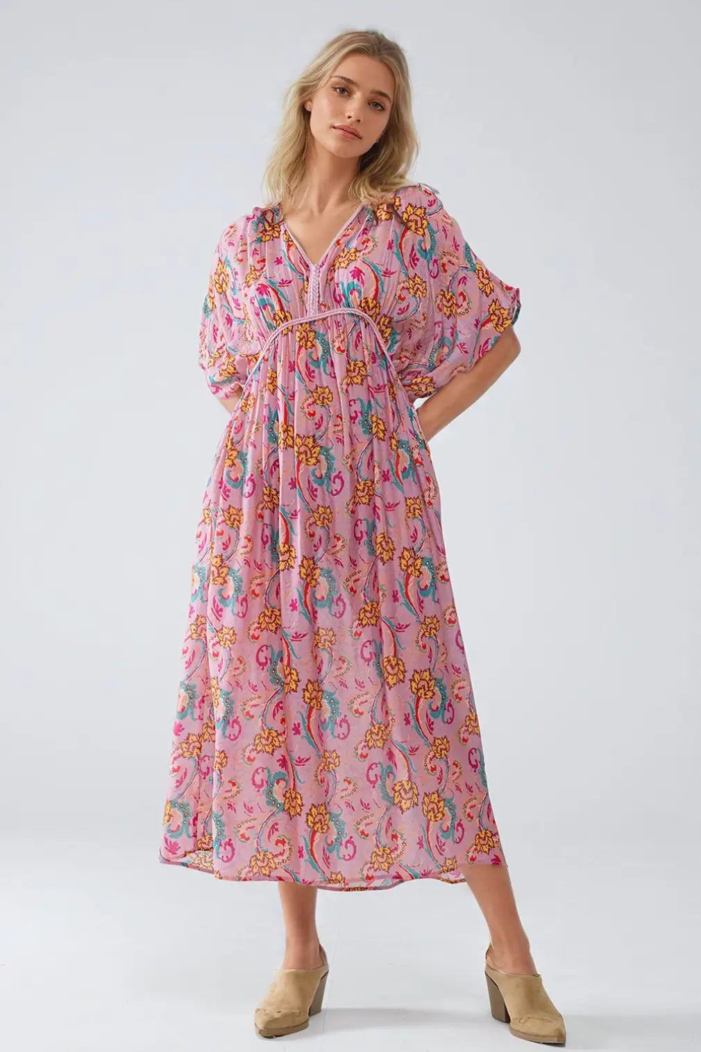 Maxi Dress In Pink With Braided Seams And Flower Print - PINK / ONE - Dresses