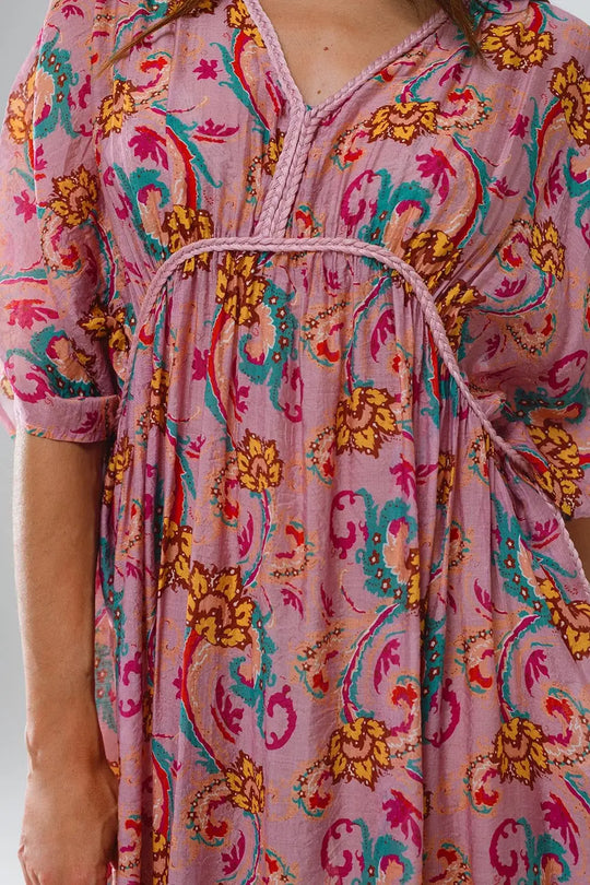 Maxi Dress In Pink With Braided Seams And Flower Print - PINK / ONE - Dresses