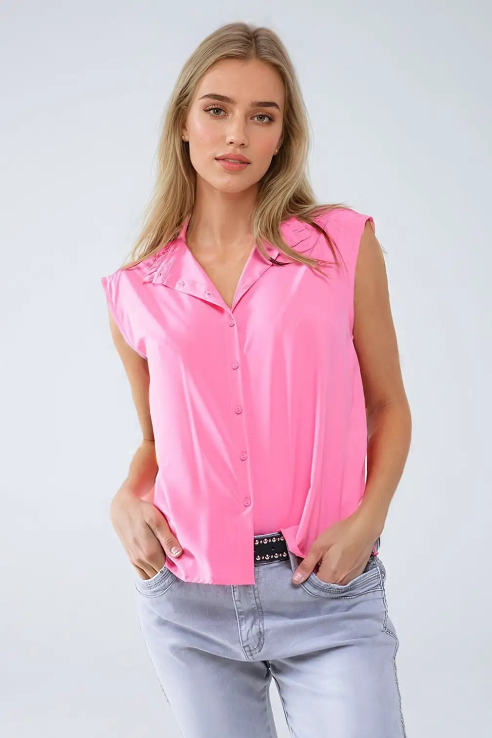 Mao Collar Sleeveless Pink Button up Blouse - Shirts