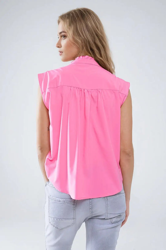 Mao Collar Sleeveless Pink Button up Blouse - Shirts