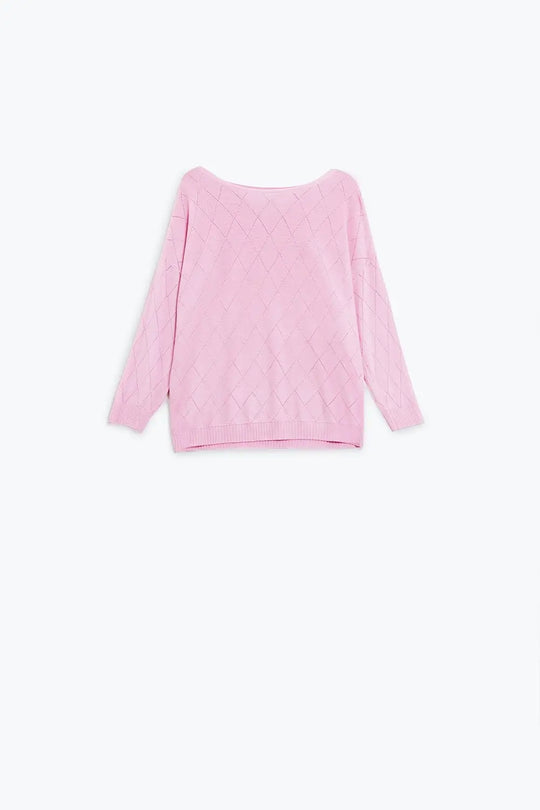Light Pink Sweater In Argyle Print With Boat Neck - PINK / ONE - Sweaters