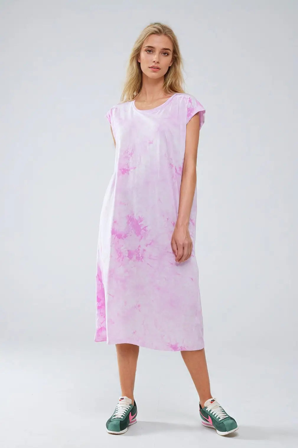 Pink Tie Dye Midi Shirt Dress - Dresses