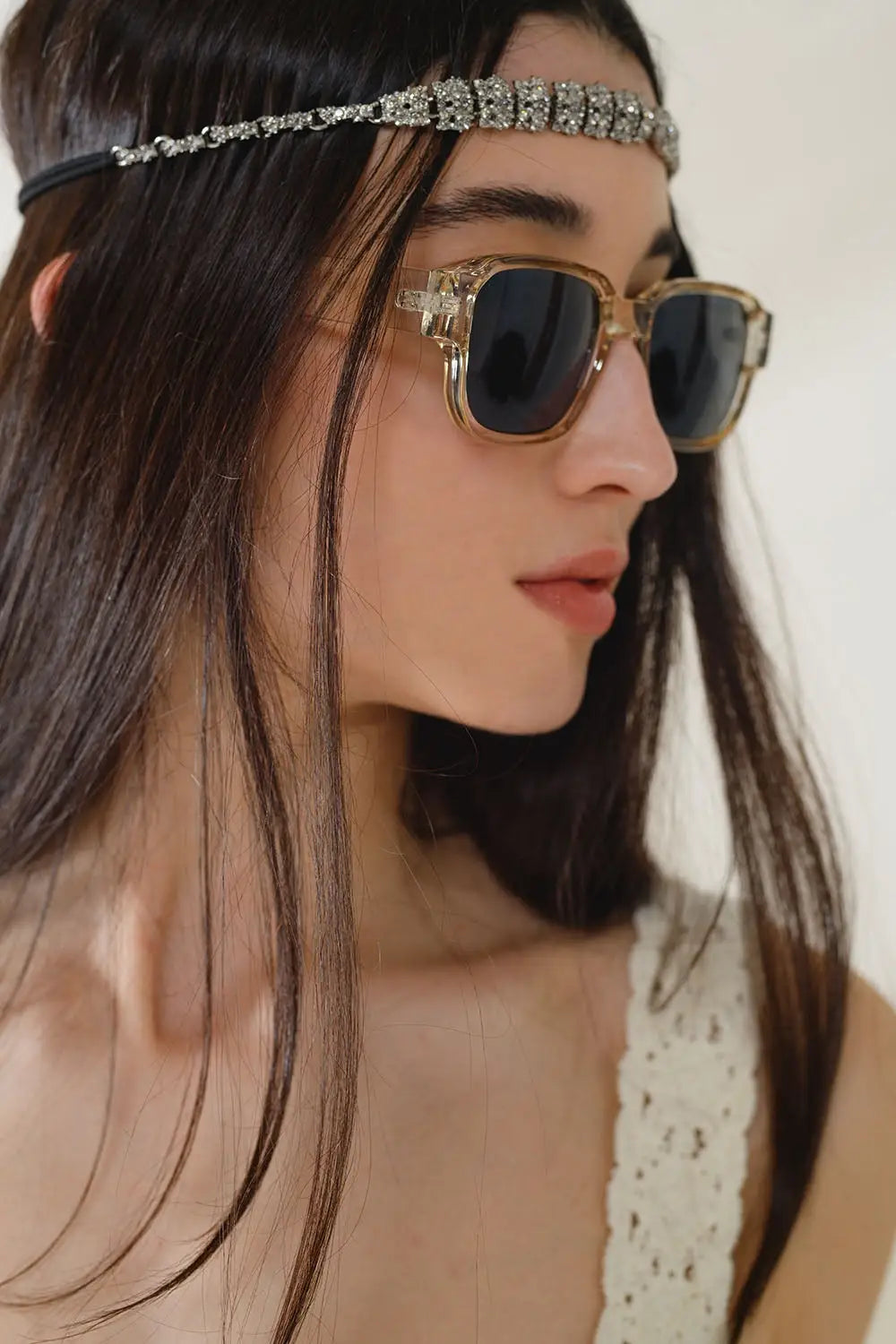 Chunky Square Sunglasses With Transparent Smoky Frame - BEIGE / ONE - Sunglasses