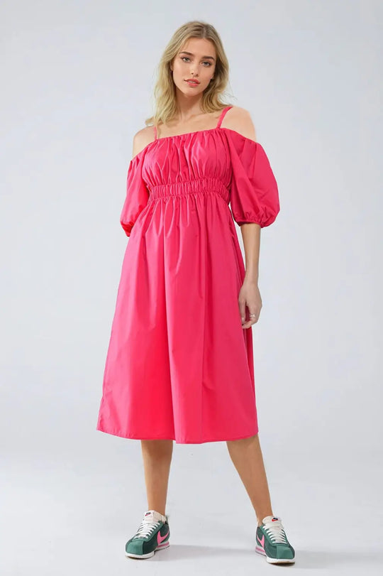 Midi fuchsia dress with short sleeves and straps - Dresses