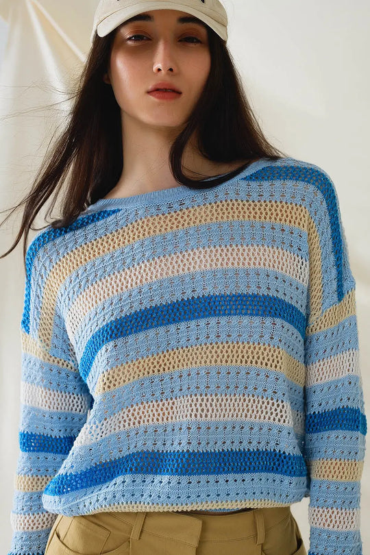 Long Sleeve Blue Multicolored Sweater With Boat Neck - BLUE / ONE - Sweaters