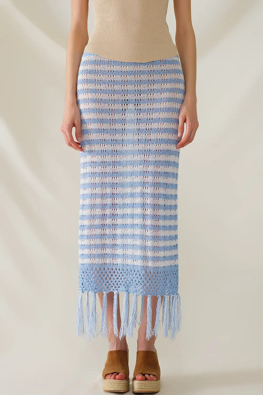 Midi Crochet White Skirt With Blue Stripes and Fringe Hem - BLUE / ONE - Skirts