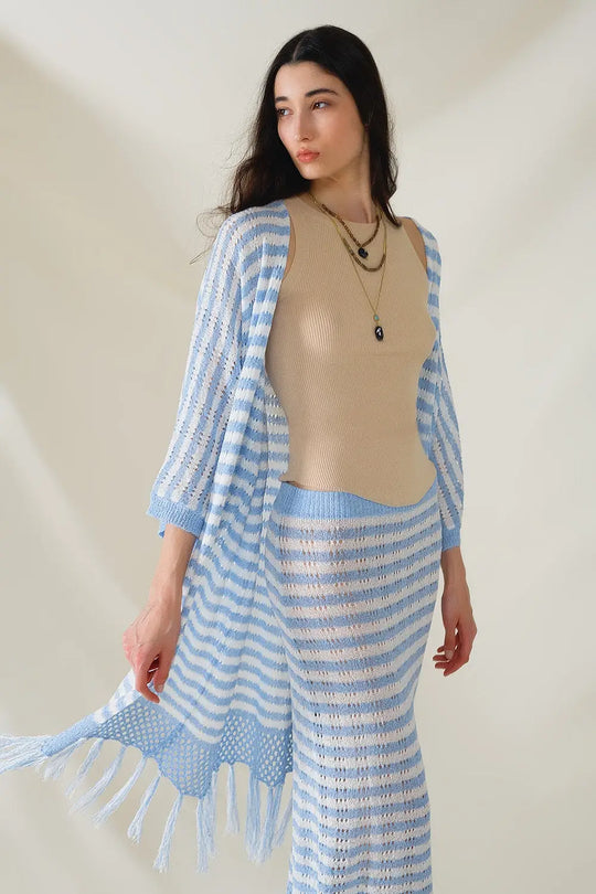 Blue Boho Style Cardigan With Stripes Pointelle Knit and Fringe Details - BLUE / ONE - Cardigans