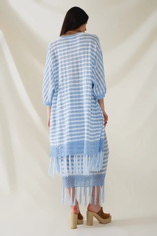 Blue Boho Style Cardigan With Stripes Pointelle Knit and Fringe Details - BLUE / ONE - Cardigans