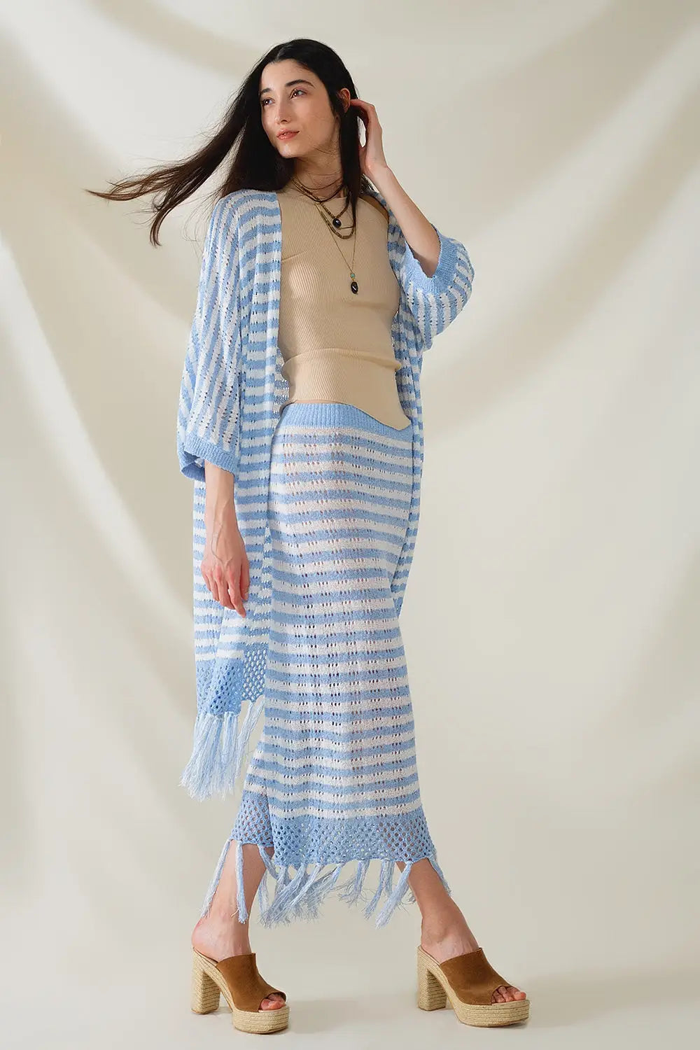 Blue Boho Style Cardigan With Stripes Pointelle Knit and Fringe Details - BLUE / ONE - Cardigans