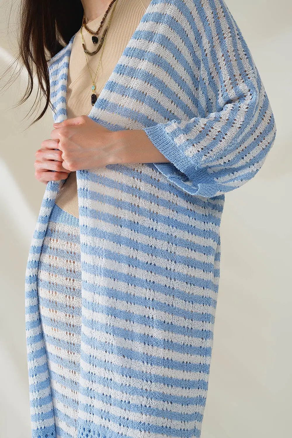 Blue Boho Style Cardigan With Stripes Pointelle Knit and Fringe Details - BLUE / ONE - Cardigans