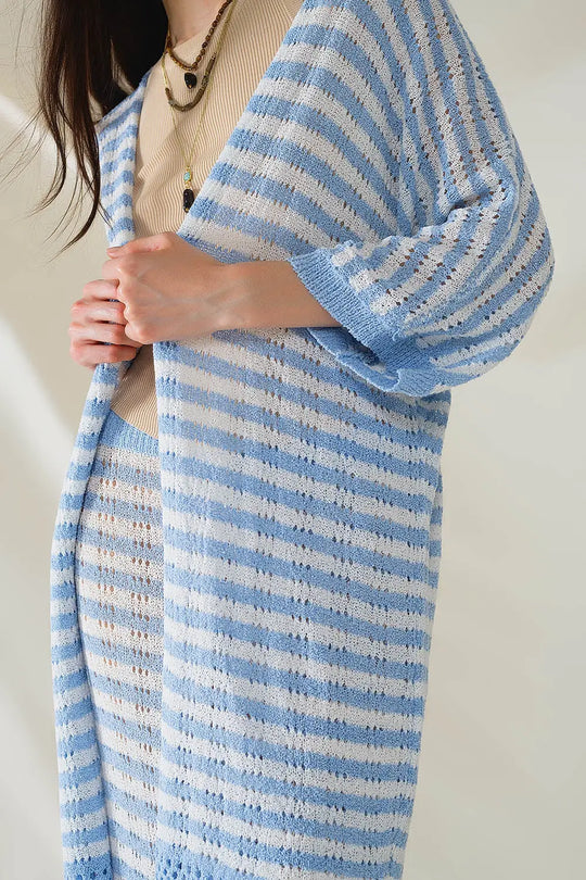 Blue Boho Style Cardigan With Stripes Pointelle Knit and Fringe Details - BLUE / ONE - Cardigans