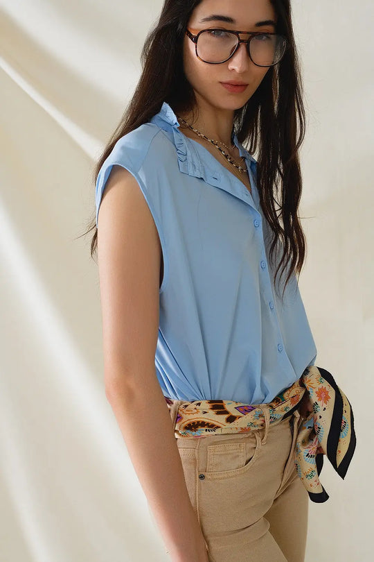 Mao Collar Sleeveless Blue Button up Blouse - Shirts