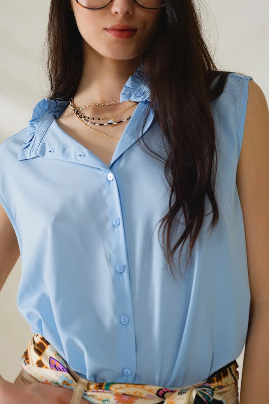 Mao Collar Sleeveless Blue Button up Blouse - Shirts