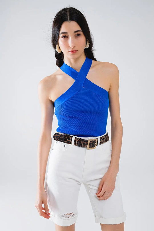 Knitted Cross Front Cropped Top in Blue - Tops Sweaters