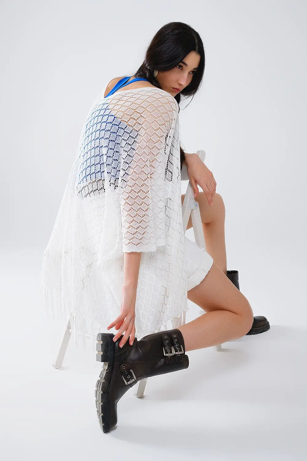 White Open Cardigan With Fringe Ends and 3/4 sleeves - CREAM / ONE - Cardigans
