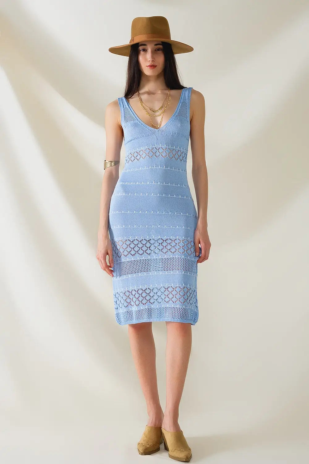 Baby Blue Midi Sleeveless Dress With V-neck and Crochet Design - BLUE / ONE - Dresses