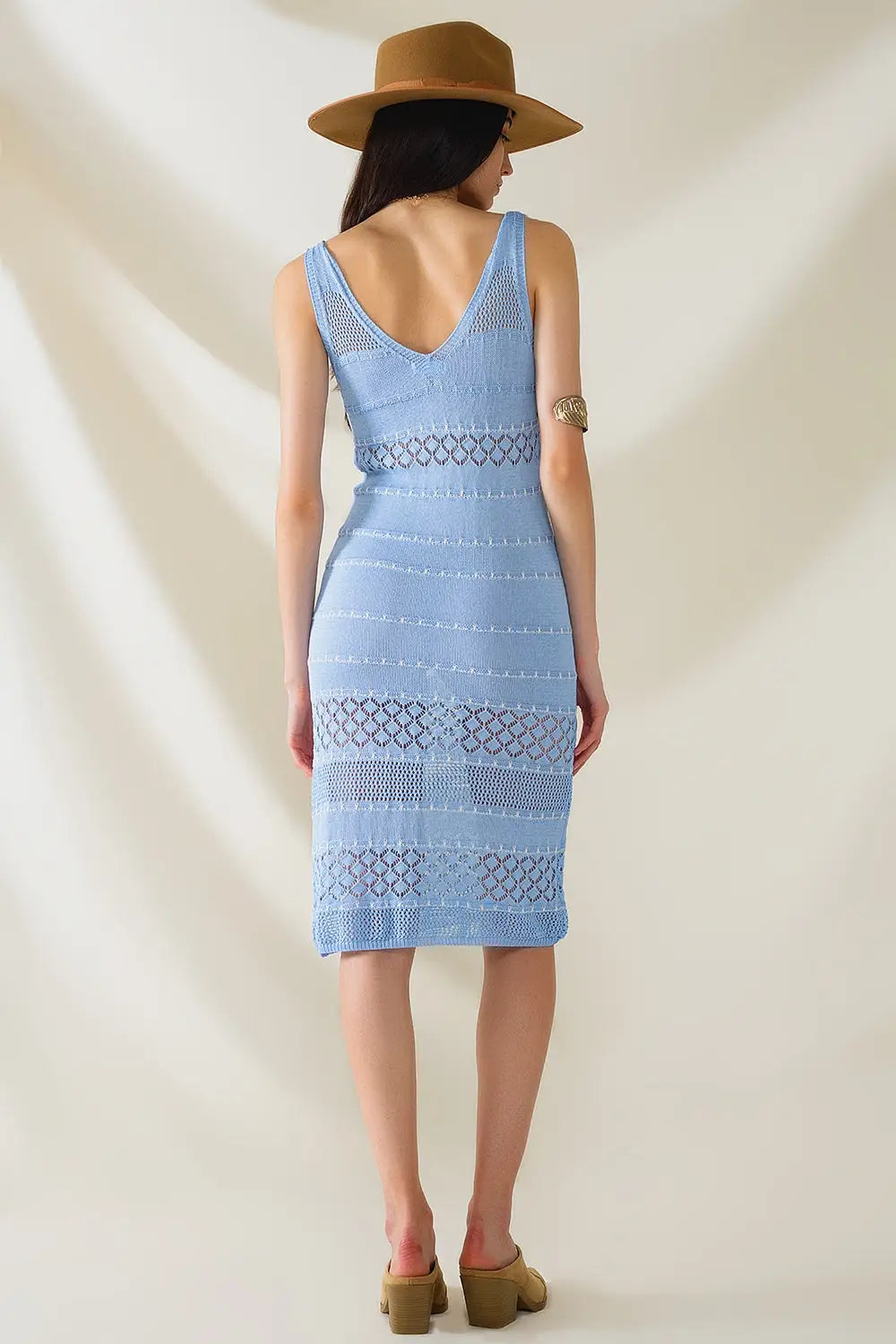 Baby Blue Midi Sleeveless Dress With V-neck and Crochet Design - BLUE / ONE - Dresses