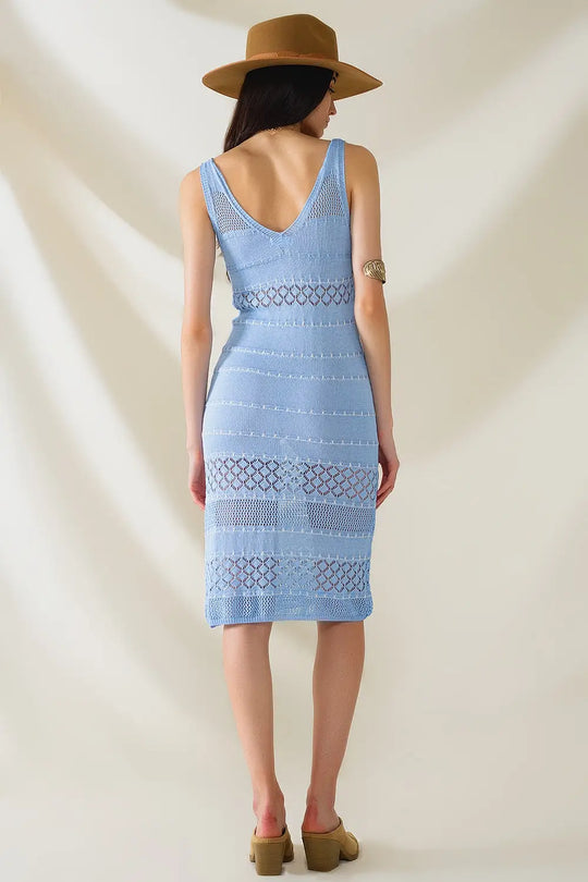 Baby Blue Midi Sleeveless Dress With V-neck and Crochet Design - BLUE / ONE - Dresses