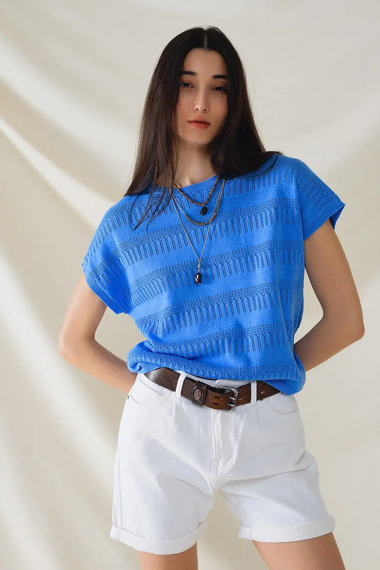 Sweatshirt In Blue With Lace Design and Short sleeves - Sweaters