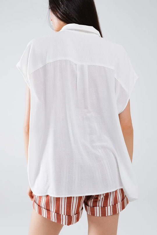 White Button Up Blouse With Polo Collar - Shirts