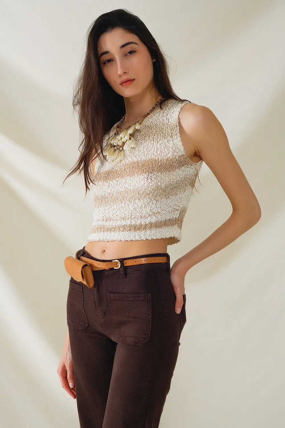 Knitted Tints of Beige Sleeveless Sweater With Stripes and Crew Neckline - BEIGE / ONE - Sweaters