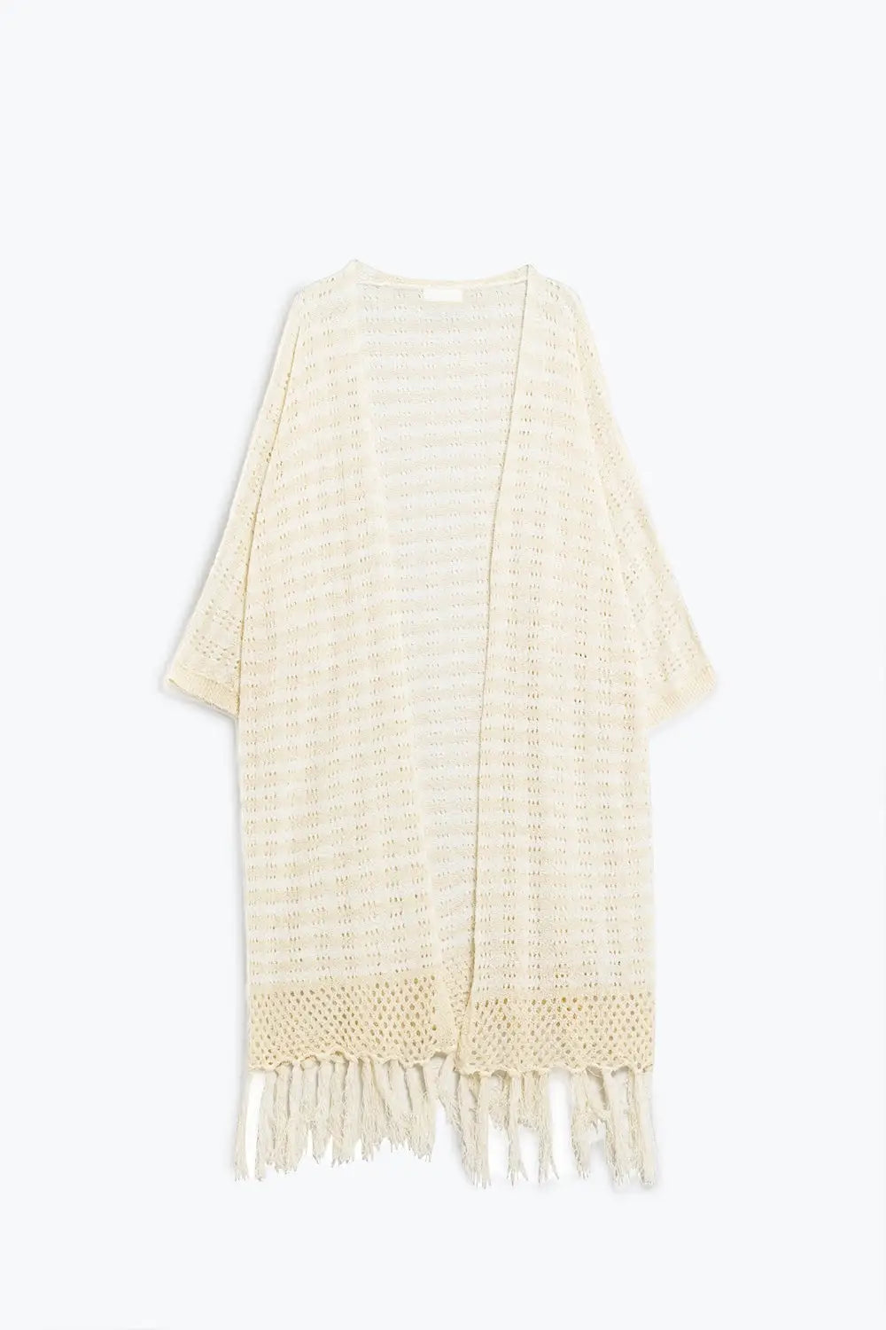 Beige Boho Style Cardigan With Stripes Pointelle Knit and Fringe Details - CREAM / ONE - Cardigans