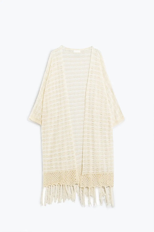 Beige Boho Style Cardigan With Stripes Pointelle Knit and Fringe Details - CREAM / ONE - Cardigans