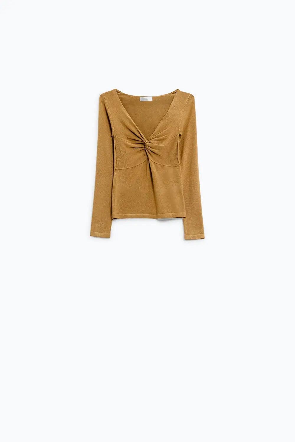 Beige Long Sleeve Shirt With Knot Detail and V-neck - Sweaters