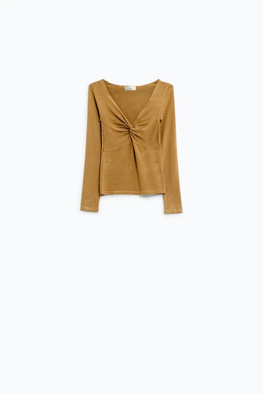 Beige Long Sleeve Shirt With Knot Detail and V-neck - Sweaters