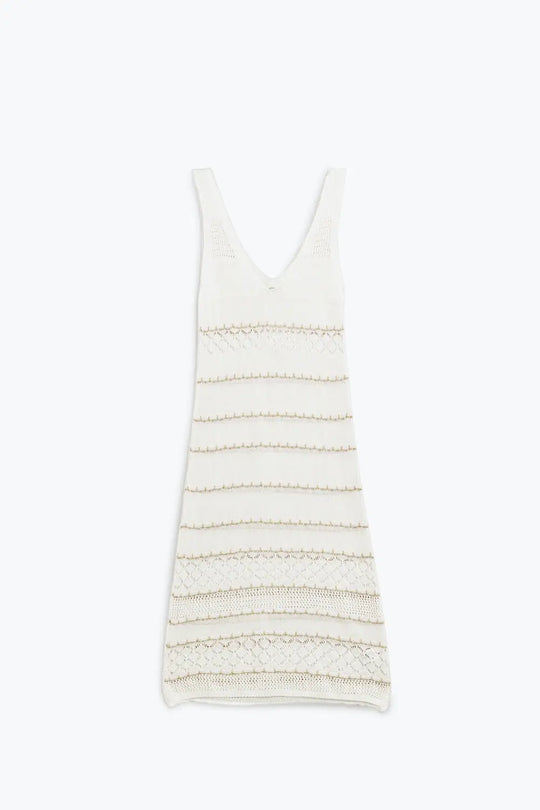 White Midi Sleeveless Dress With V-neck and Crochet Design - WHITE / ONE - Dresses