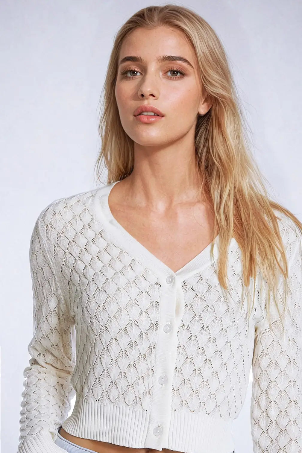 Cropped Cardigan in Beige with Argyle Print - BEIGE / ONE - Cardigans