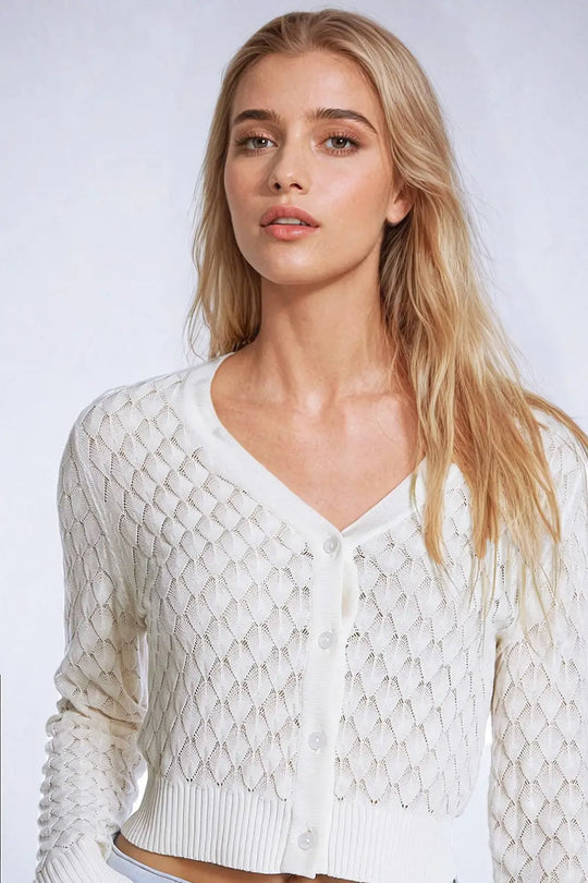 Cropped Cardigan in Beige with Argyle Print - BEIGE / ONE - Cardigans