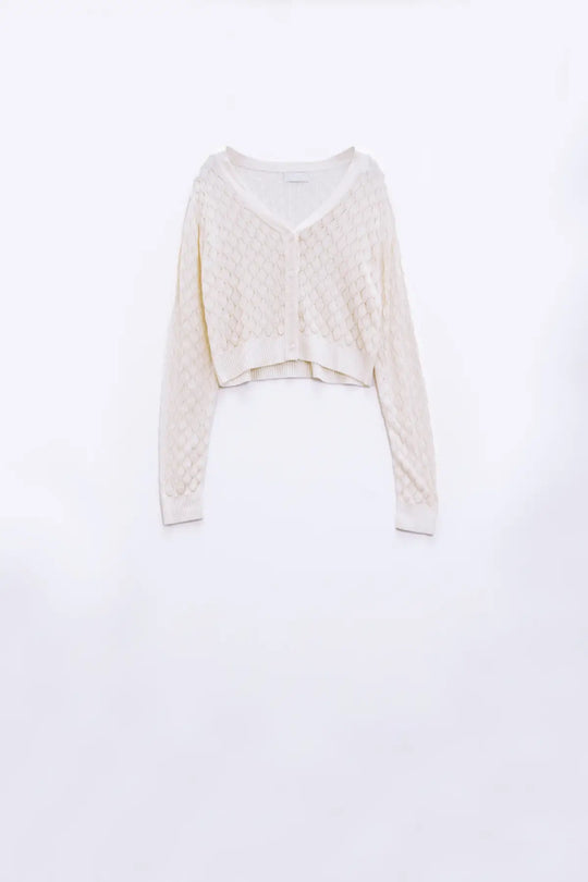 Cropped Cardigan in Beige with Argyle Print - BEIGE / ONE - Cardigans