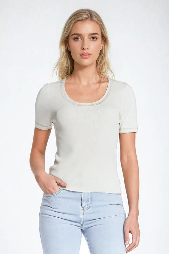 Short Sleeve sweater In beige With Silver Seam at Round Neck - BEIGE / ONE - Sweaters