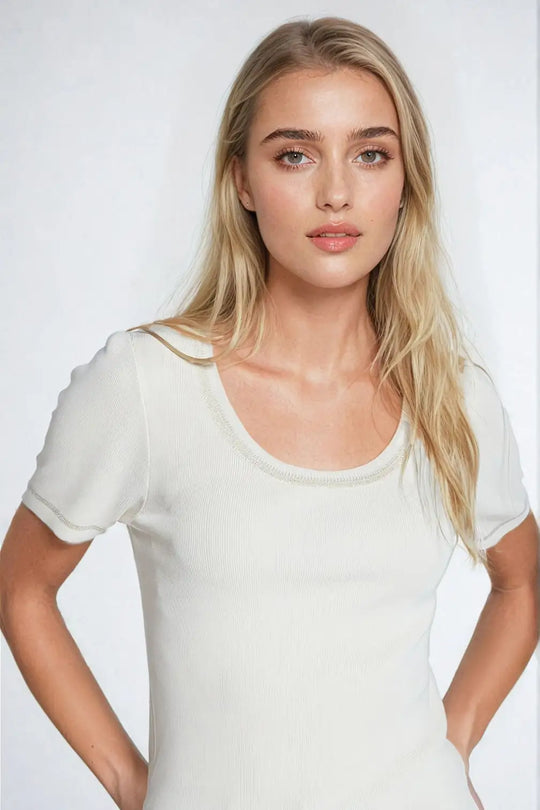 Short Sleeve sweater In beige With Silver Seam at Round Neck - BEIGE / ONE - Sweaters