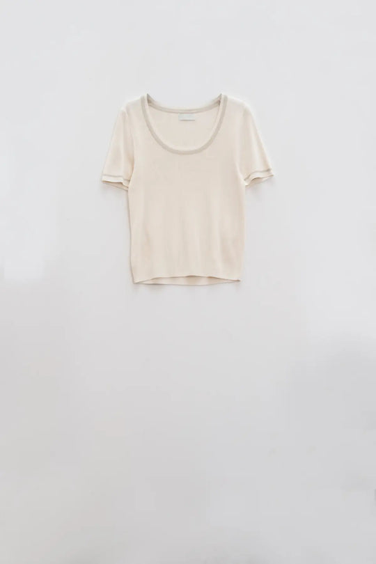 Short Sleeve sweater In beige With Silver Seam at Round Neck - BEIGE / ONE - Sweaters