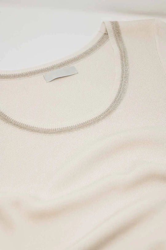 Short Sleeve sweater In beige With Silver Seam at Round Neck - BEIGE / ONE - Sweaters