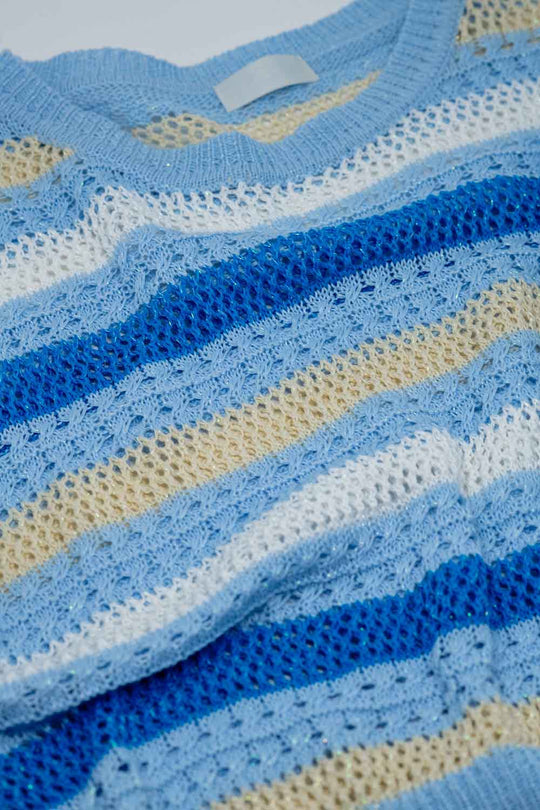 Long Sleeve Blue Multicolored Sweater With Boat Neck