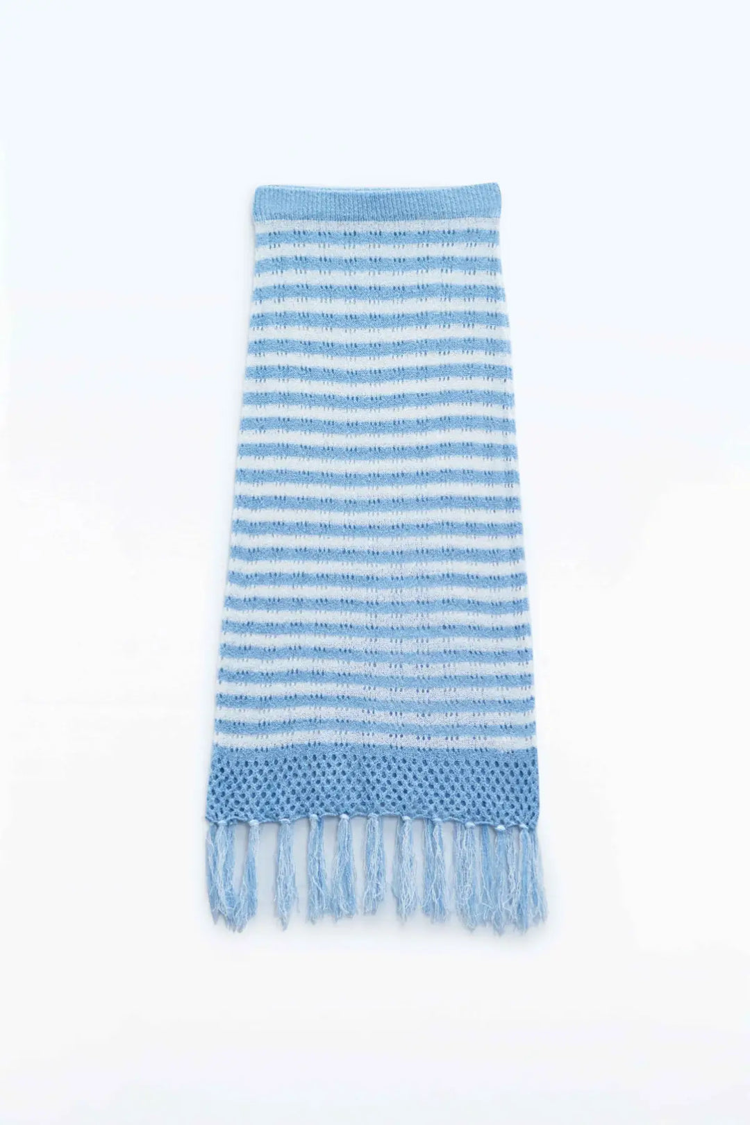 Midi Crochet White Skirt With Blue Stripes and Fringe Hem - BLUE / ONE - Skirts