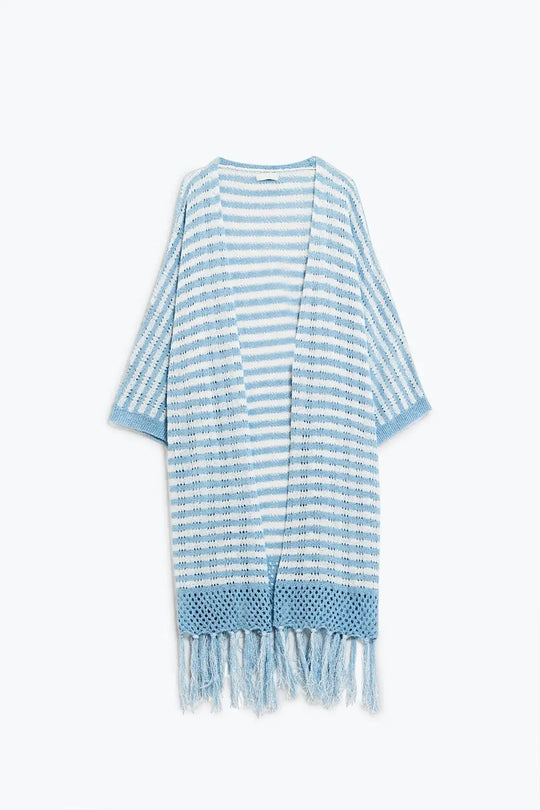 Blue Boho Style Cardigan With Stripes Pointelle Knit and Fringe Details - BLUE / ONE - Cardigans
