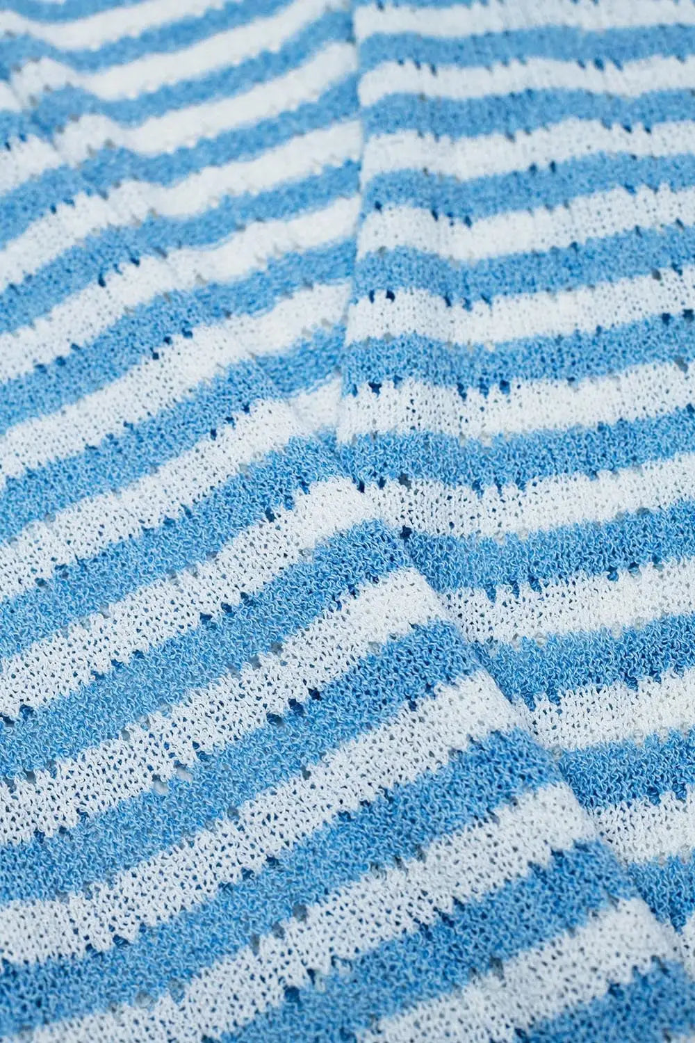 Blue Boho Style Cardigan With Stripes Pointelle Knit and Fringe Details - BLUE / ONE - Cardigans