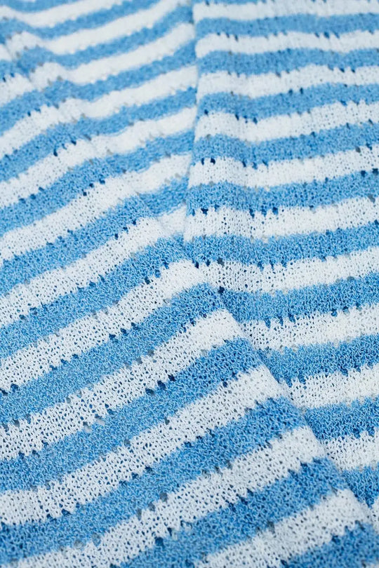 Blue Boho Style Cardigan With Stripes Pointelle Knit and Fringe Details - BLUE / ONE - Cardigans