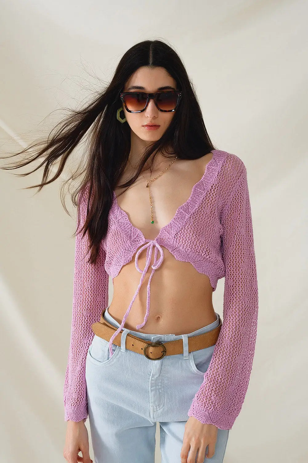 lilac short crochet cardigan with lurex detail - PINK / ONE - Cardigans