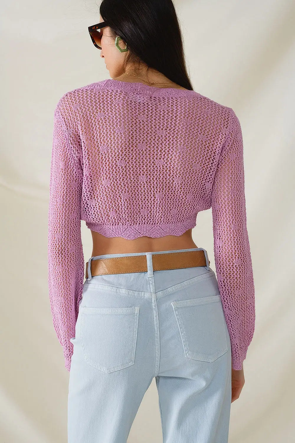 lilac short crochet cardigan with lurex detail - PINK / ONE - Cardigans