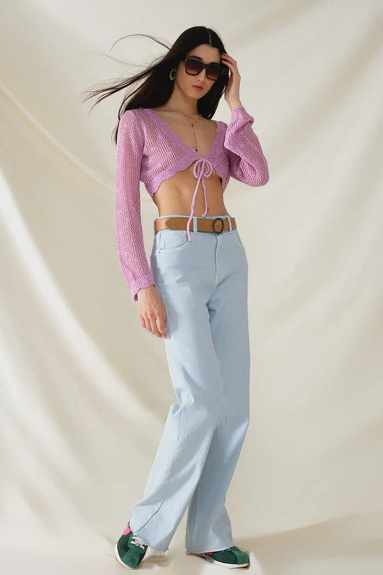 lilac short crochet cardigan with lurex detail - PINK / ONE - Cardigans