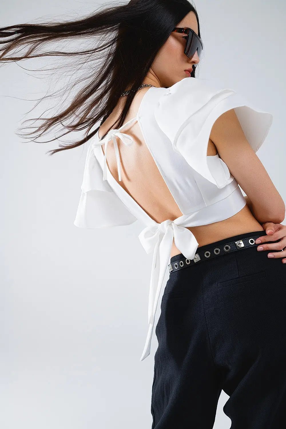 White Crop Top With Short Sleeves And V-neck - Tops