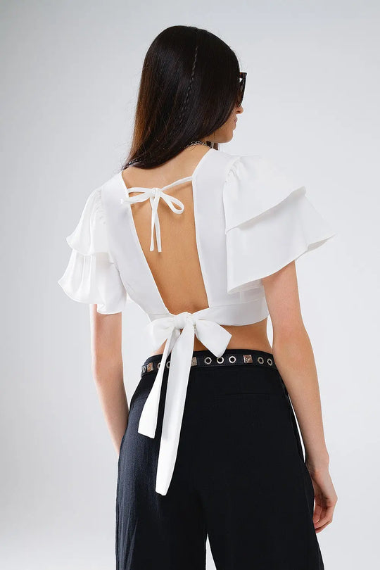 White Crop Top With Short Sleeves And V-neck - Tops