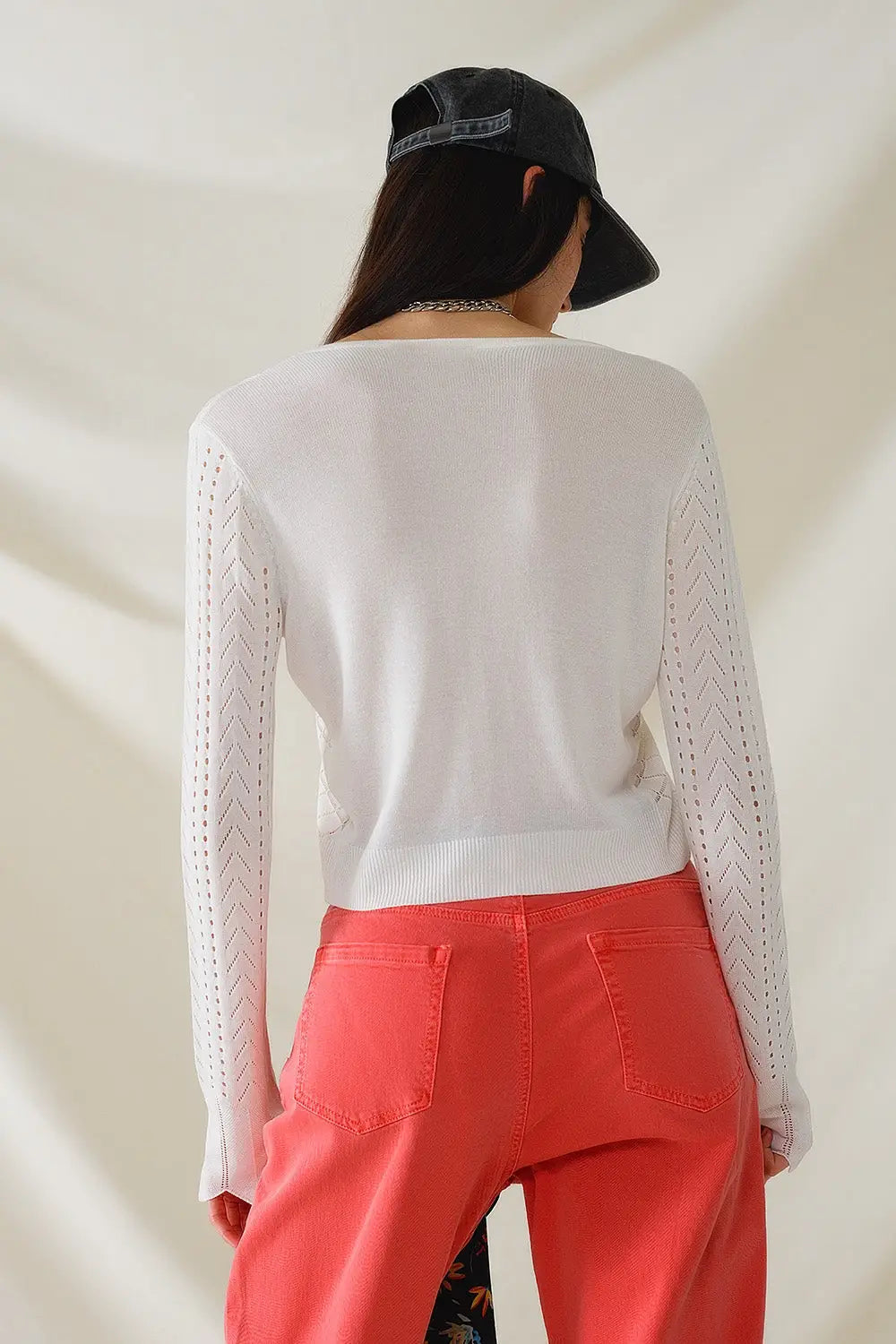 White Cardigan with Argyle Print and Tie Closing - WHITE / ONE - Cardigans
