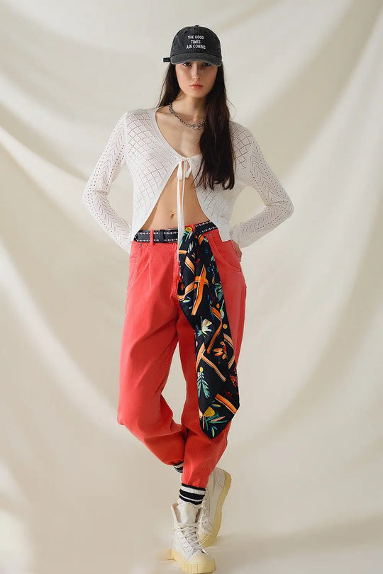 White Cardigan with Argyle Print and Tie Closing - WHITE / ONE - Cardigans