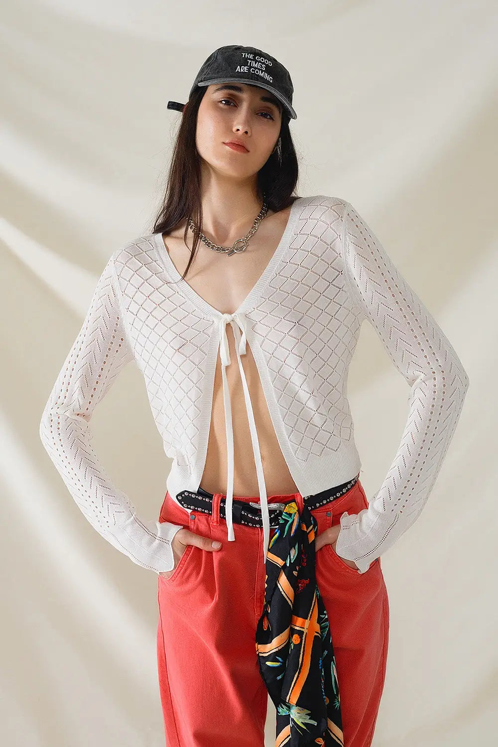 White Cardigan with Argyle Print and Tie Closing - WHITE / ONE - Cardigans